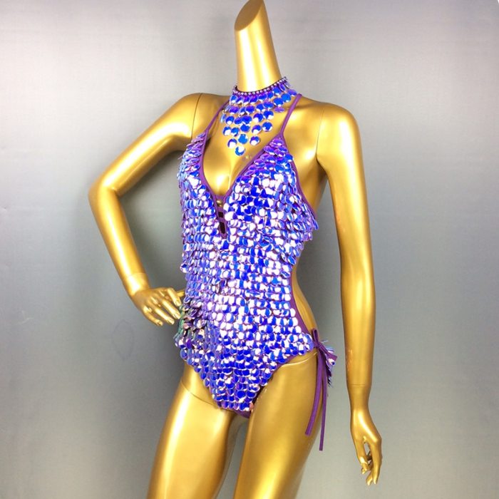 Female Bodysuit Sequins Sparkling Swimsuit latin Belly Dance Costume Dancer One-Piece Outfit Costume Stage Performance BS01 purple
