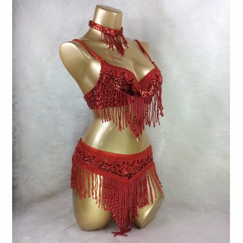 New Women's Belly Dance Set Sexy Carnival Costume Beaded Belly Dancing Clothes Sexy Night Bellydance Tops Chain BRA Belt BY201 3pc/Set