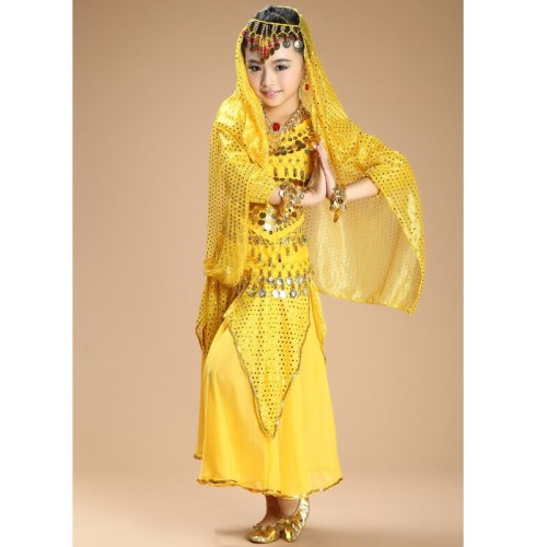 NEW kids belly dance 4pcs(top+skirt+waist chain+veil) indian clothes yellow+h.pink+red girls belly dance costume 3302