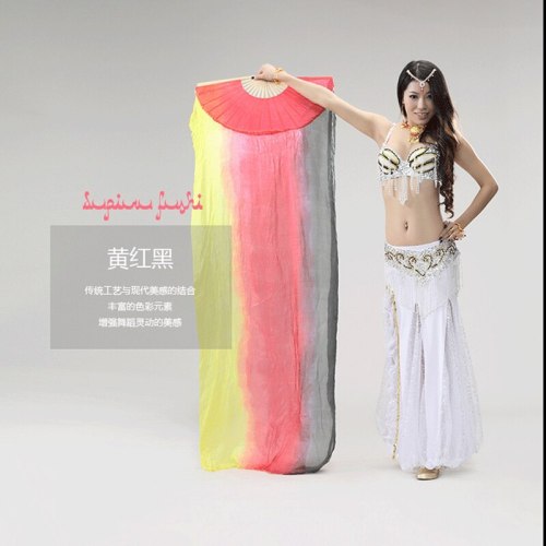 Beautiful Rainbow Belly Dance Fans Veil 100%Silk Belly Dance Colorful  Fans 1pair(L+R) 5 color Silk Bamboo Long Veils fans