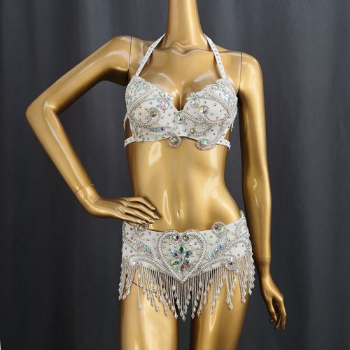 Hot sale Women's beaded Crystal belly dance costume wear bra belt 2pc set clothes bellydance Carnival sexy bellydancing costumes  tf1909