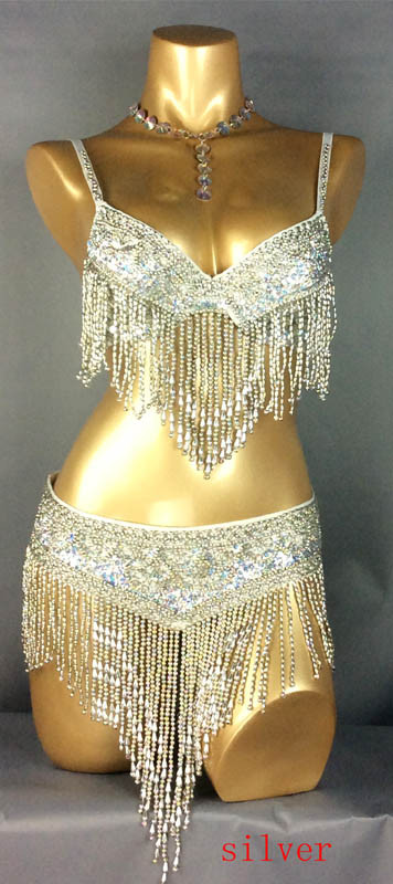 New Women's Belly Dance Set Sexy Carnival Costume Beaded Belly Dancing Clothes Sexy Night Bellydance Tops Chain BRA Belt BY201 3pc/Set