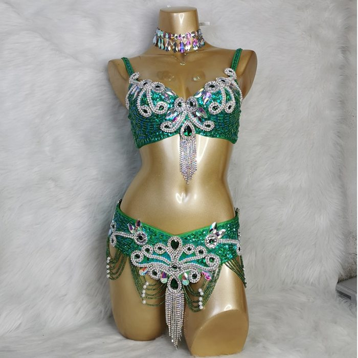 New Arrival Women's Beaded Belly Dance Costume Wear Bar+Belt 2pc Set Ladies Bellydancing Costumes Carnival Bellydance Clothes tf2053