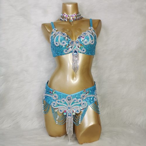 New Arrival Women's Beaded Belly Dance Costume Wear Bra+Belt 2pc Set Ladies Bellydancing Costumes Carnival Bellydance Clothes tf2053