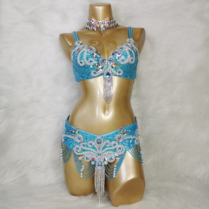 Copy New Arrival Women's Beaded Belly Dance Costume Wear Bar+Belt 2pc Set Ladies Bellydancing Costumes Carnival Bellydance Clothes