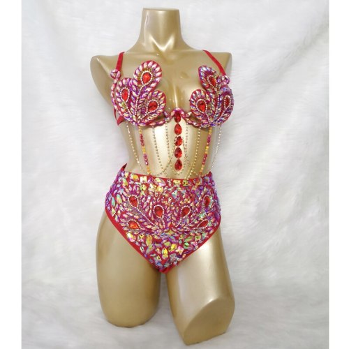 Samba Carnival Wire Bra & High Waist Bottom 2pcs/Set Stones CB010-2 RED AND ROYAL BLUE COLOR