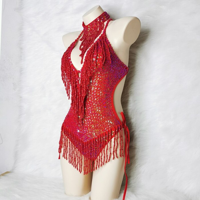 Shiny Costume For Women Red Beading Sequin Tassel One-Piece Bodysuit Sexy Clubwear Party Outfit Stage Performance Dance Clothes