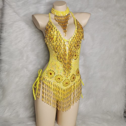 Shining Beading Sequin Sexy Bodysuit Sparkly Tassels Costume EDC Party Nightclub Fringes Outfit Stage Performance Dance Costumes