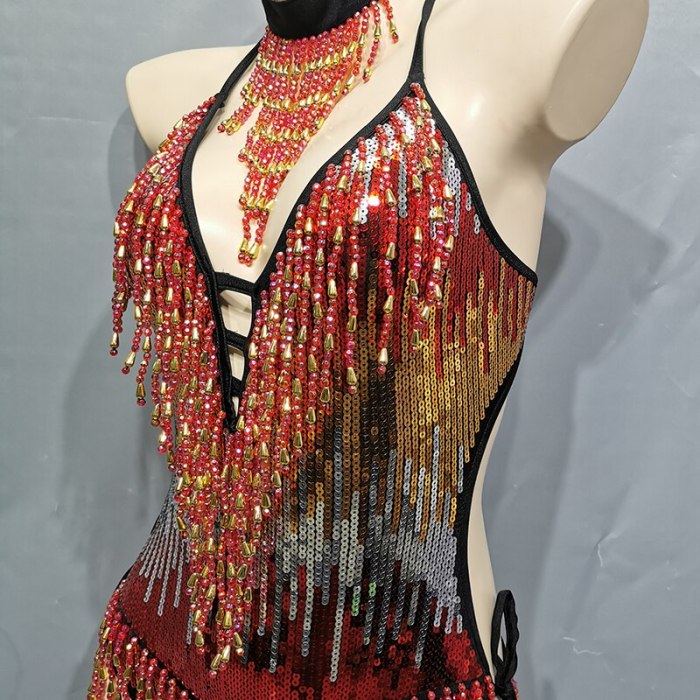Sexy Tassel Sparkly Beading Sequin Bodysuit Festival Women's Costume EDC Party Nightclub Outfit Stage Performance Dance Clothing BS2101