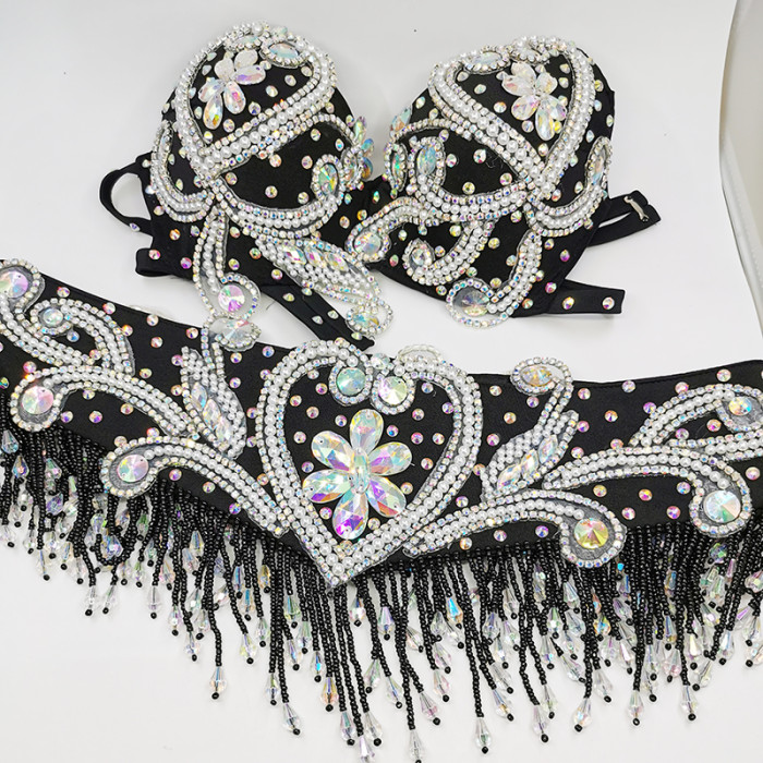 Hot sale Women's beaded Crystal belly dance costume wear bra belt 2pc set clothes bellydance Carnival sexy bellydancing costumes  tf1909