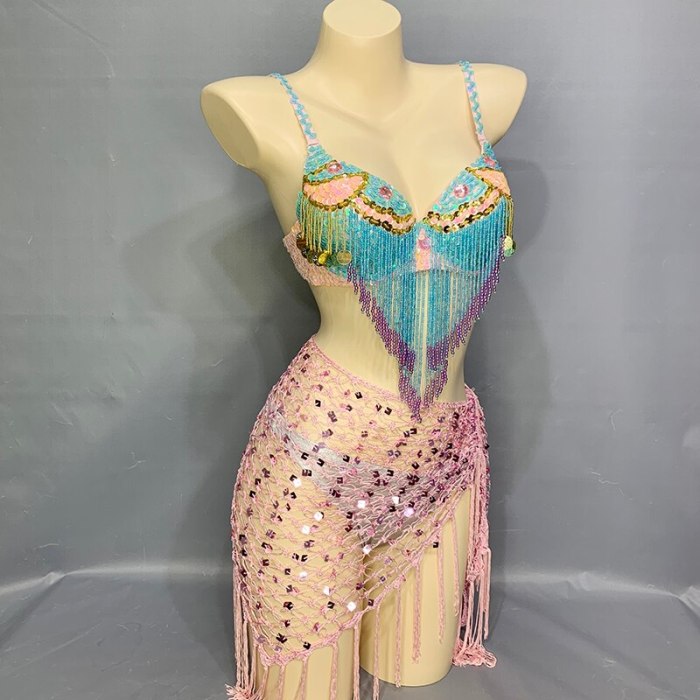 New Women Belly Dancing Suite Beaded Sequined Bra + Long Tassel Hip Scarf + Panty 3PCS Set Samba Costumes Club Night Dance Wear