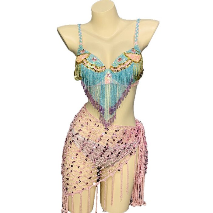 New Women Belly Dancing Suite Beaded Sequined Bra + Long Tassel Hip Scarf + Panty 3PCS Set Samba Costumes Club Night Dance Wear