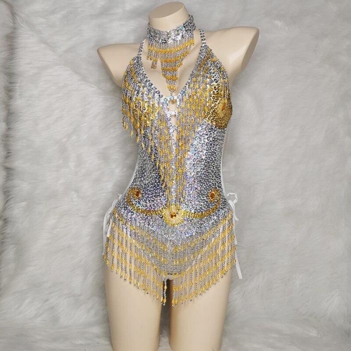 Sexy Samba Carnival Costumes Beading Sequin One-Piece Bodysuit Swimsuit Outfit Stage Performance Rave EDC Party Club Wear BS009
