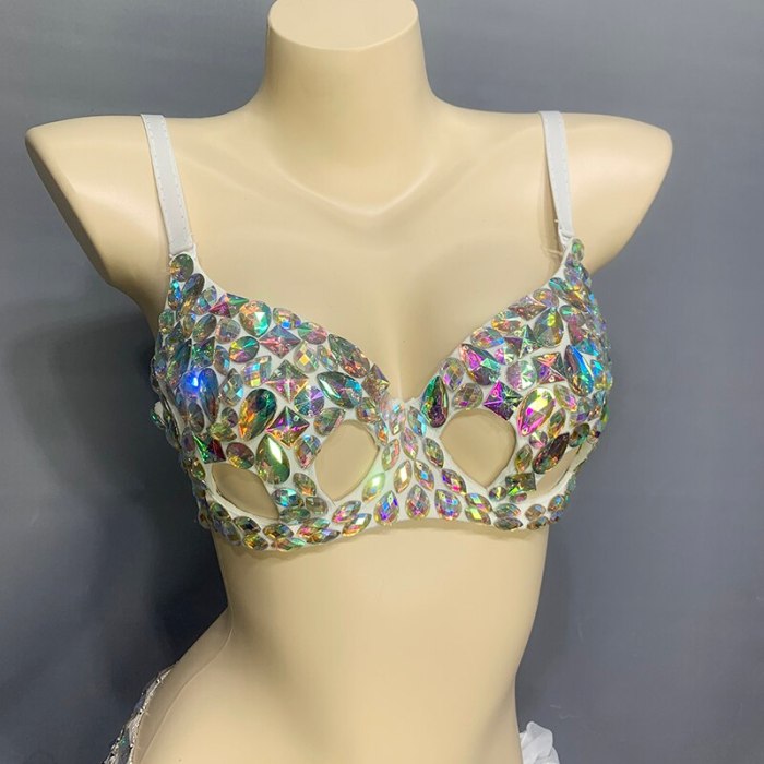 New Samba Carnival Bikini Set Bra High Waist Panty Crystal Silver Stone Hand Made 2 Piece Dance Clothes Belly Dance Costume Wear N21010