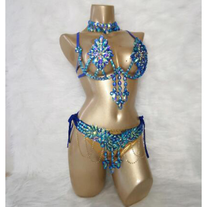 Samba Carnival Wire Bra & Panty & Belt Set Hand Made 4 Piece Belly Dancing C023 Royal Blue