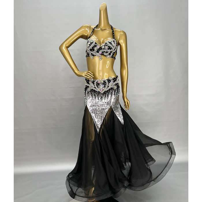 Professional Belly Dance Costumes Women Rhinestone Bra Belt Long Skirt 3pcs Belly Dancing Set Carnival Costume Clothes Outfits TF1909+SK1910 Black