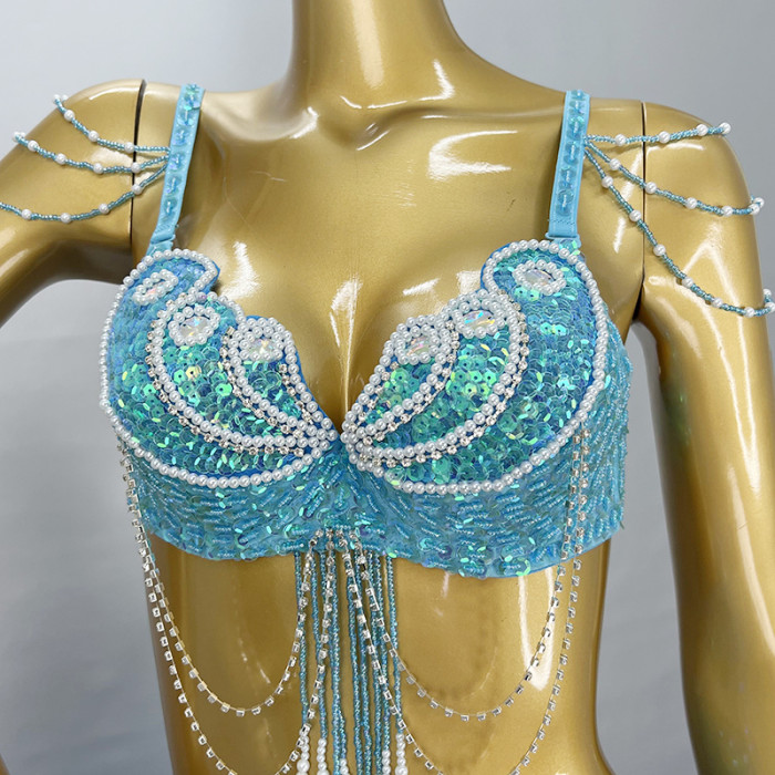 High Quality Handmade Beaded Embroidery Belly Dance Costume Women Stage Performance 3-Piece Dance Set Belly Dancing Wear Outfits TF2152+SK1909