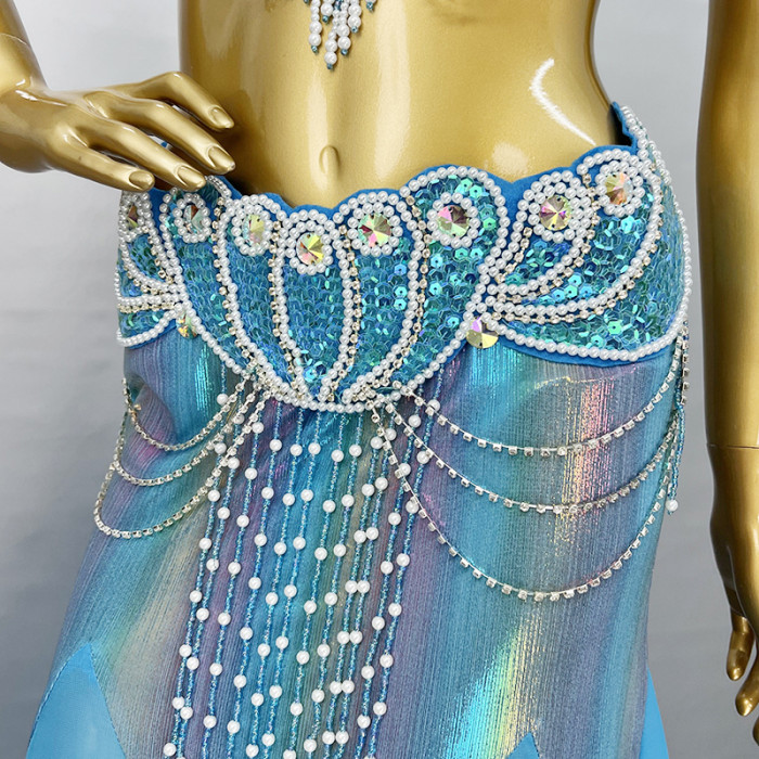 High Quality Handmade Beaded Embroidery Belly Dance Costume Women Stage Performance 3-Piece Dance Set Belly Dancing Wear Outfits TF2152+SK1909