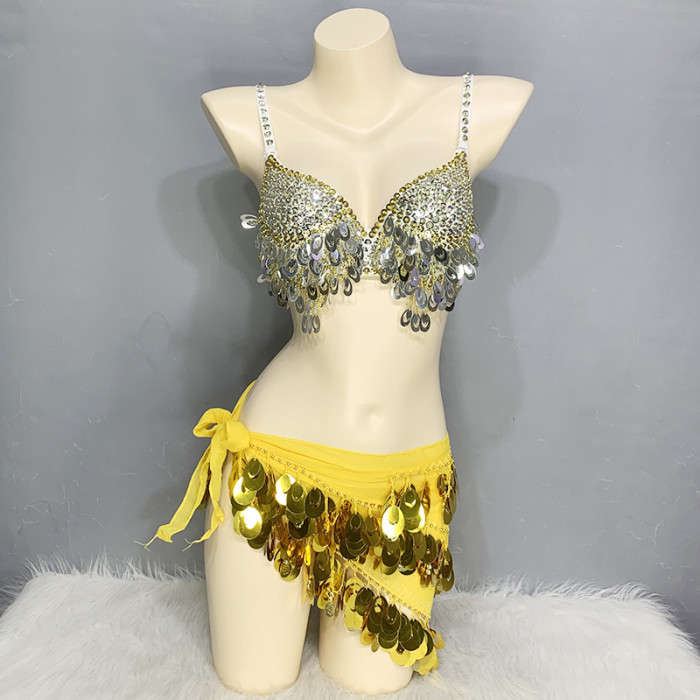 Cute Women Belly Dance Clothes Sequins Belly Dance Costume Set Bra Hip Scarf Wrap Panty Carnival Rave Performance Stage Costume N21013