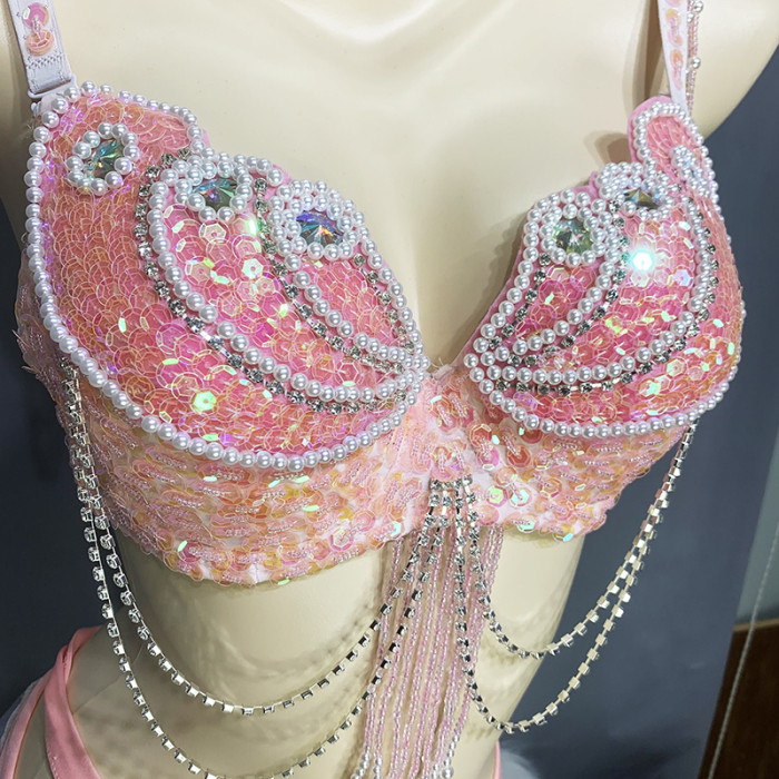 New Shiny Pink Belly Dance Costumes Bra Hip Scarf Sequins Carnival Rave Costume For Women Belly Dancing Stage Costumes Dance Clothes N21016