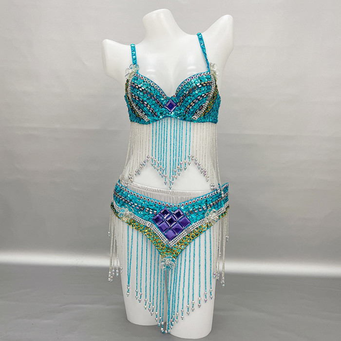 Sequin Dance Costume Bra with Beaded Accents in Turquoise