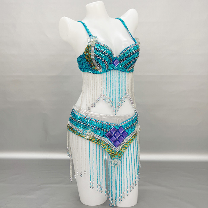 Wholesale New Sequins Beaded Belly Dance Costume Bra+Belt Set Women Sexy Stage Performance Clothing Outfit Competition Dancewear 3 color N21023