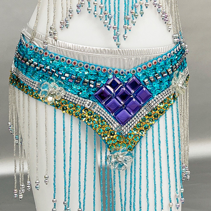 Wholesale New Sequins Beaded Belly Dance Costume Bra+Belt Set Women Sexy Stage Performance Clothing Outfit Competition Dancewear 3 color N21023