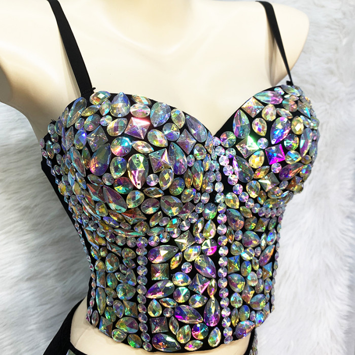 Flashing Sexy Stage Costumes Samba Carnival Bra High Waist Pants AB Color Stone Hand Made 2 Piece Bodysuit Costume Dancer Outfit  BP015