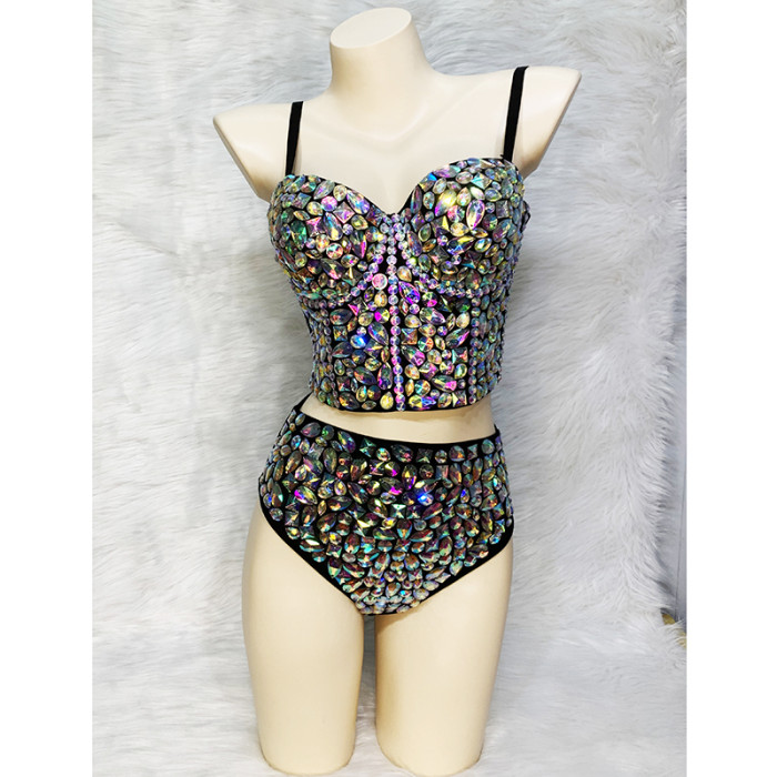 Flashing Sexy Stage Costumes Samba Carnival Bra High Waist Pants AB Color Stone Hand Made 2 Piece Bodysuit Costume Dancer Outfit  BP015