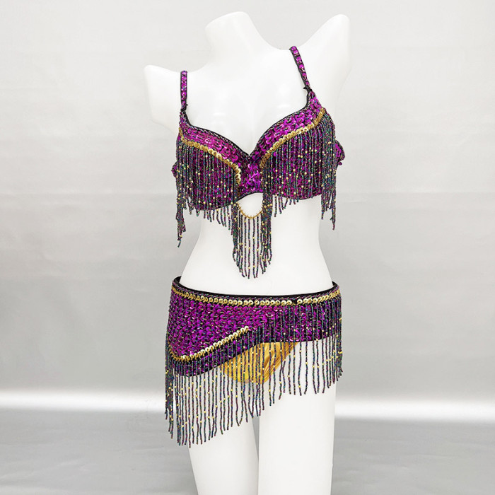 New Stage & Dance Wear Performance Women Sequin Beaded Bra Belt Bellydance Suit 3pc Professional Outfit Belly Dance Costume Set  TF2561