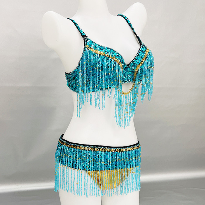 New Stage & Dance Wear Performance Women Sequin Beaded Bra Belt Bellydance Suit 3pc Professional Outfit Belly Dance Costume Set  TF2561