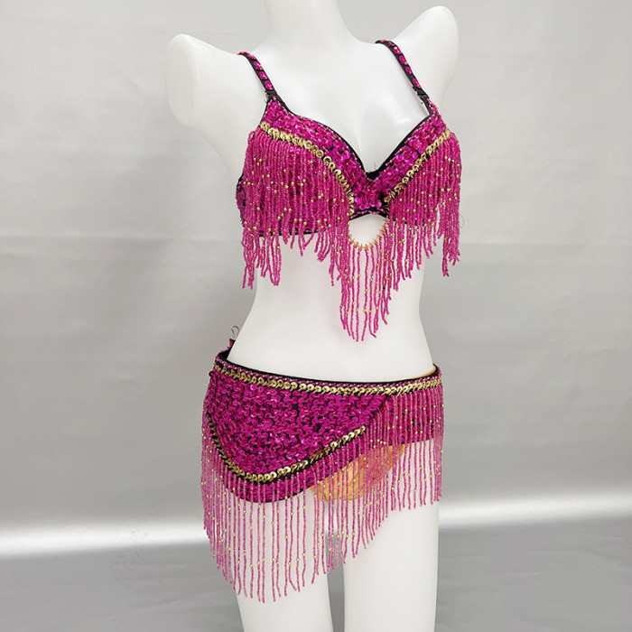 New Stage & Dance Wear Performance Women Sequin Beaded Bra Belt Bellydance Suit 3pc Professional Outfit Belly Dance Costume Set  TF2561