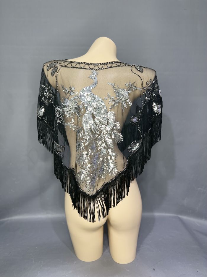 New Lady Women Beaded Sequin Belly Dance Hip Scarf Embroidery Flapper Shawl Scarf Evening Wedding Cape Sheer Party Fringed Wrap SC001