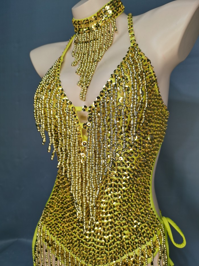 Flashing Yellow Sequins One-Piece Bodysuit Women's Singer Dance Sexy Evening Carnival Costumes Stage Dance Wear Nightclub Outfit BS11