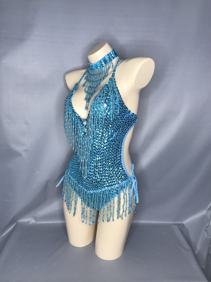 Flashing Yellow Sequins One-Piece Bodysuit Women's Singer Dance Sexy Evening Carnival Costumes Stage Dance Wear Nightclub Outfit BS11