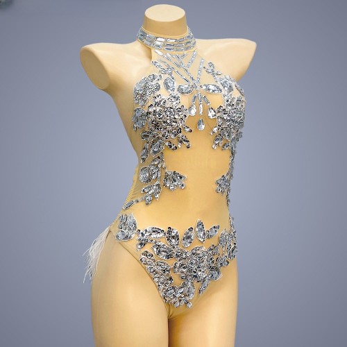 Flashing Sequins One-Piece Bodysuit with feather Women's Singer Dance Sexy Evening Carnival Costumes Stage Dance Wear Nightclub Outfit BS2102