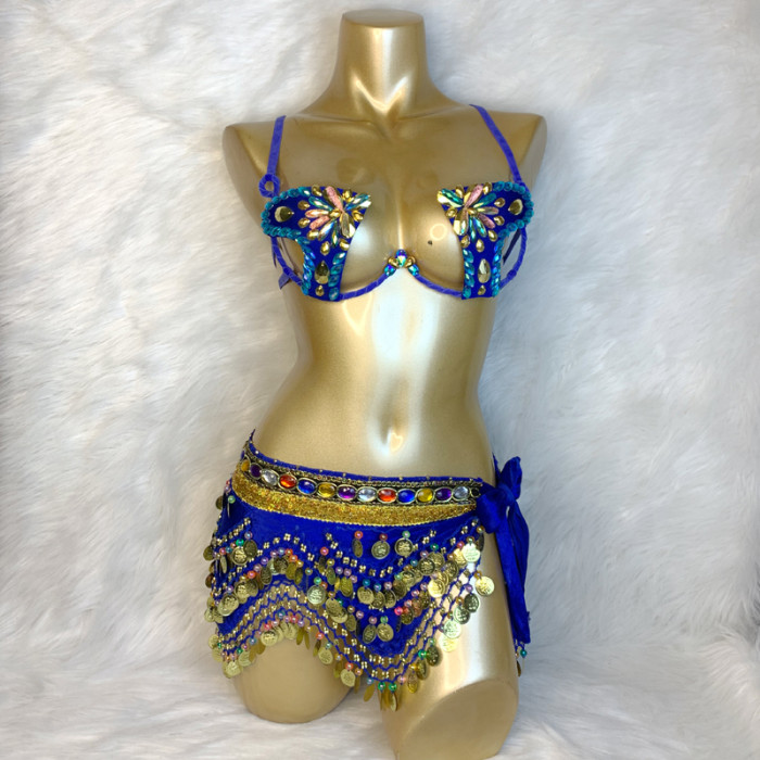 New Hot Shining Belly dance costume Sexy Samba Carnival set Wire Bra & Coin Belt Samba Suit performance wear C024
