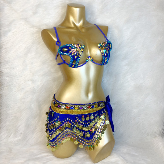New Hot Shining Belly dance costume Sexy Samba Carnival set Wire Bra & Coin Belt Samba Suit performance wear C024