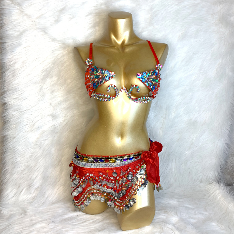Samba Carnival costume set Wire Bra&Panty&Belt Set Hand Made 4 Pcs Belly  Dancing
