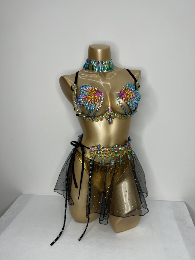 New Arrival Sexy Samba Carnival For Women Wire Bra,mini skirt and panty  stones Samba Suit C046