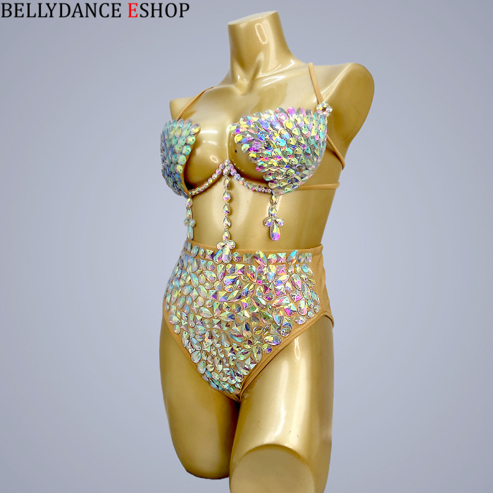 Hand Beaded Belly Dance Samba Costumes Nude Color bra panty 2 pcs