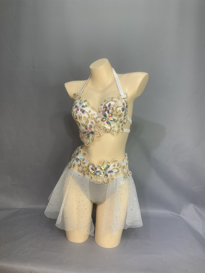 Party Club Samba Bra Belt and Panty White Color Rave Costumes BP019