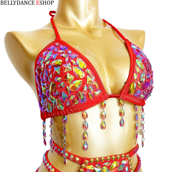 Samba Carnival Bikini And Panty Rainbow Stone Red color Handmade 2 piece BP037