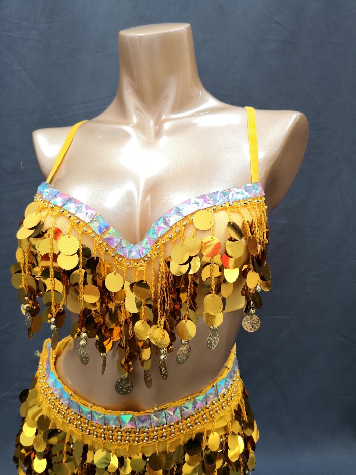 Party Club Samba Bra Belt and Panty With Skirt Gold Color Rave Costumes C030+SK1911
