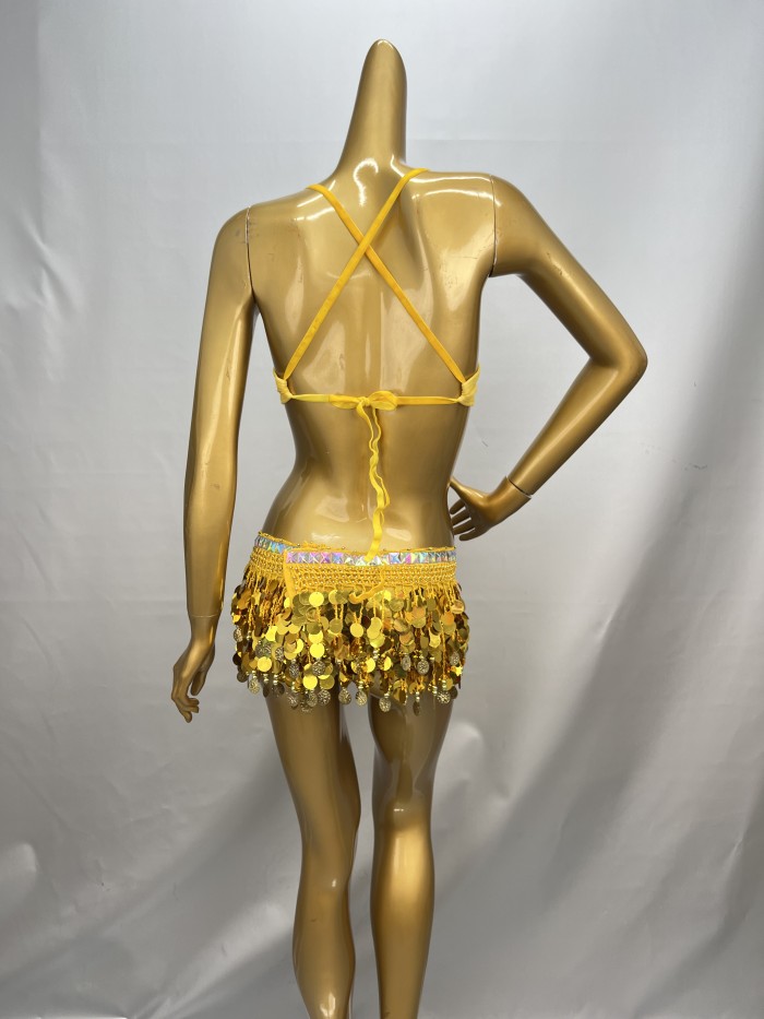 Party Club Samba Bra Belt and Panty With Skirt Gold Color Rave Costumes C030+SK1911