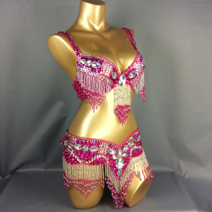 Free Shipping Hand Beaded Belly Dance Samba Costumes Gold Color Bra and Belt 2pcs TF1618