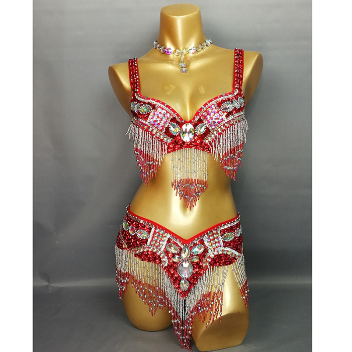 Free Shipping Hand Beaded Belly Dance Samba Costumes Gold Color Bra and Belt 2pcs TF1618