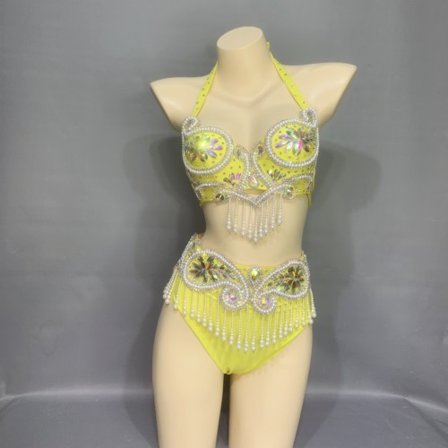Party Club Samba Costumes Bra Belt and Pants Yellow Color Rave Costumes BP032