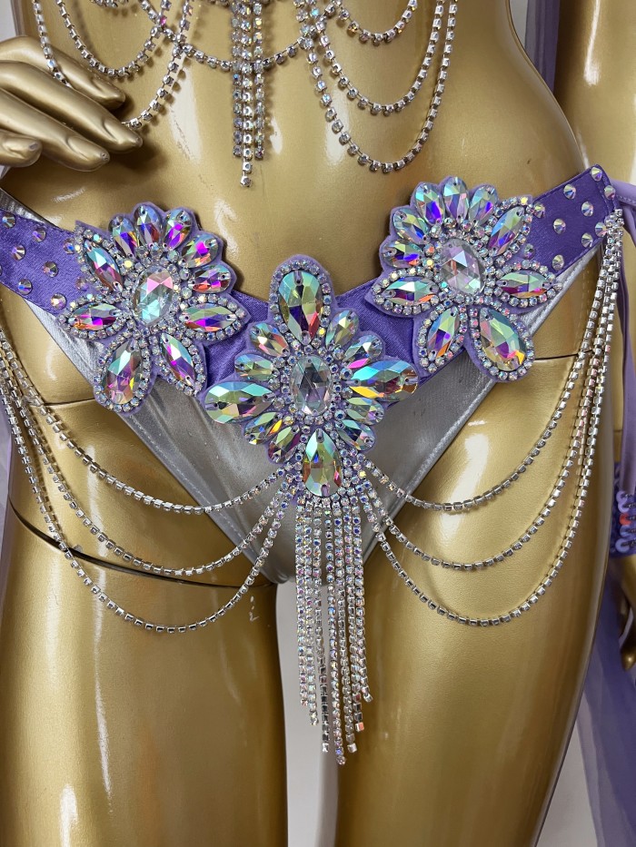 Samba Carnival Wire Bra & Panty & Belt Set Hand Made Belly Dancing Costume Outfit with arm sleeves