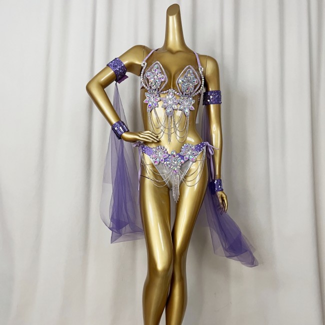 Samba Carnival Wire Bra & Panty & Belt Set Hand Made Belly Dancing Costume Outfit with arm sleeves